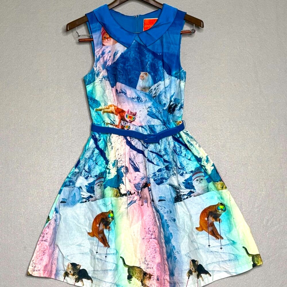 ModCloth Dress Rainbow Skiing Cat Small Whimsy Without End Royal Blue Sleeveless